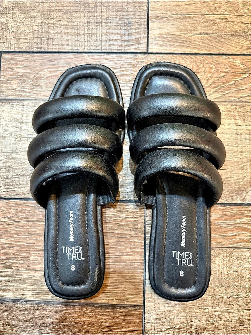 Time and Tru Women's Ruched Strap Sandals Ruched Strap Slide Sandals Black US 8